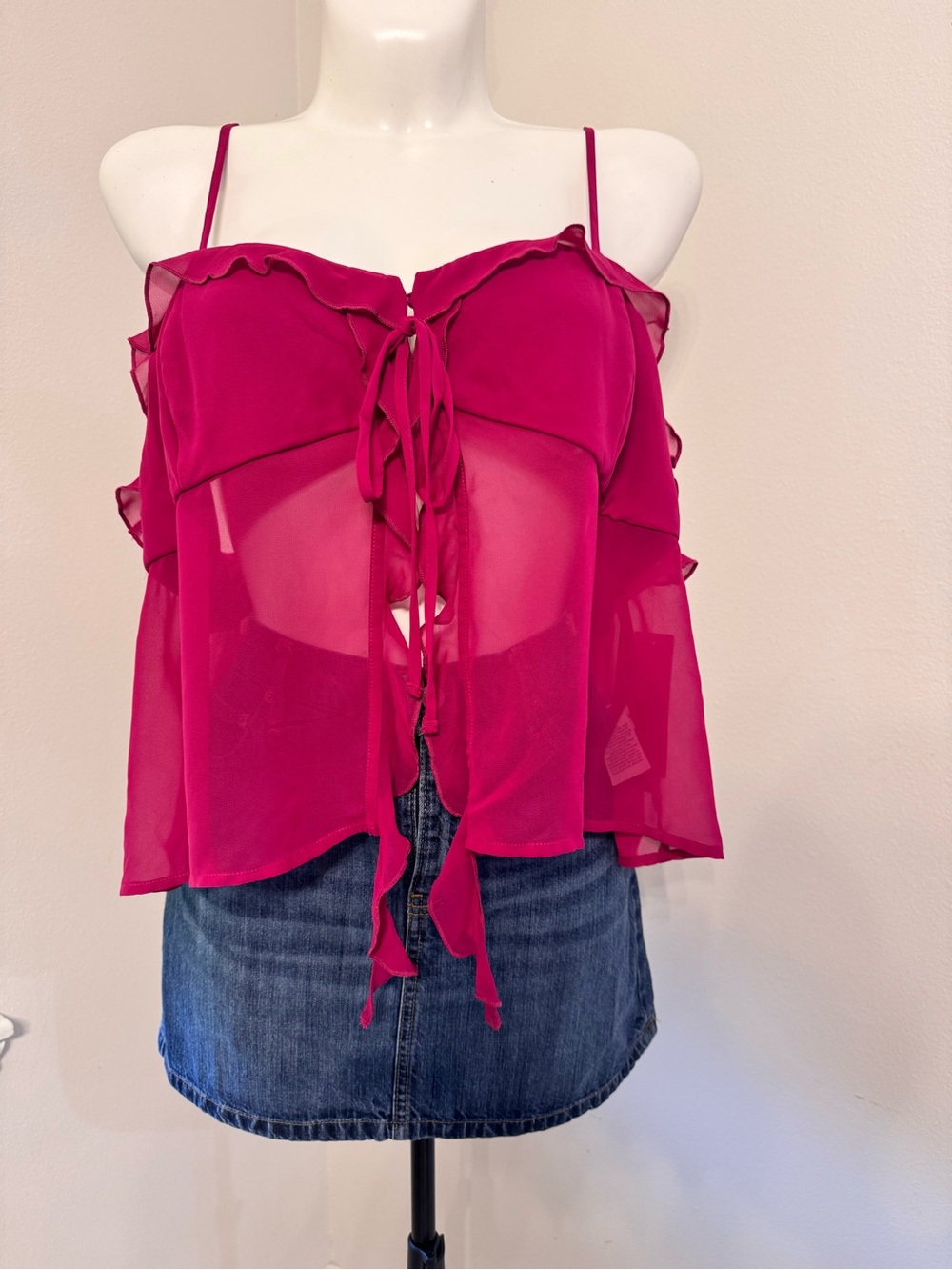 No Boundaries Fuchsia Ruffle Tie-Front Sheer Camisole